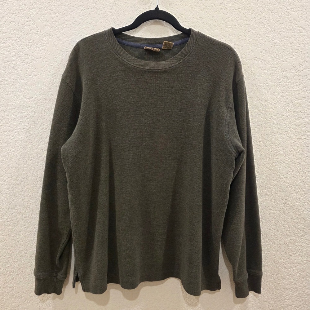 LL Bean Waffle Knit Thermal Shirt Mens M-REG Olive Green Crewneck Long Sleeve